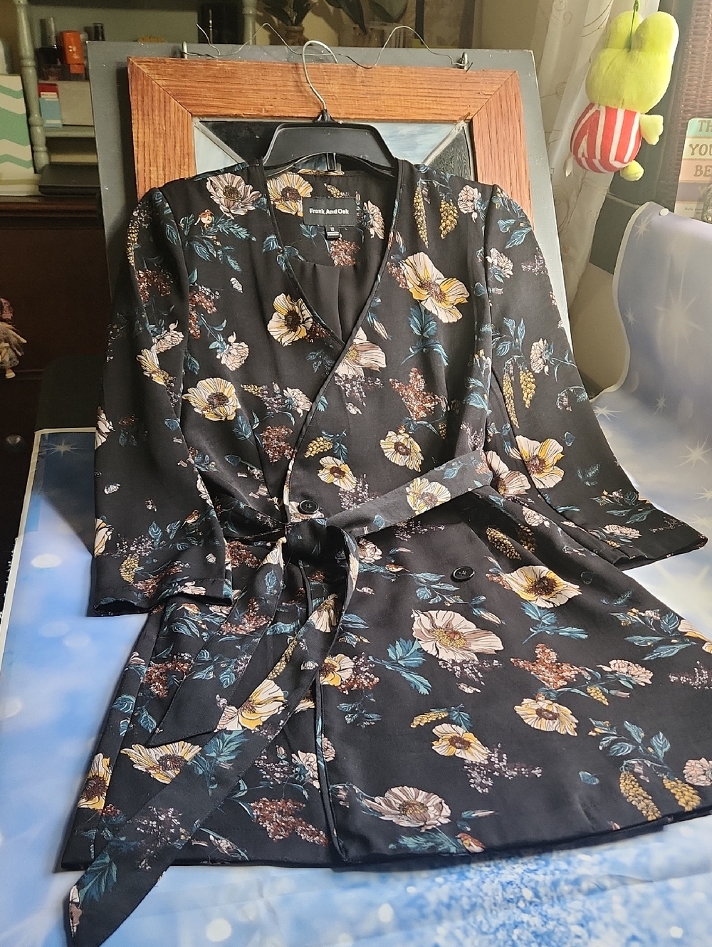 Frank & Oak Black Floral Wrap Mini Dress with Yellow & Teal Accents
